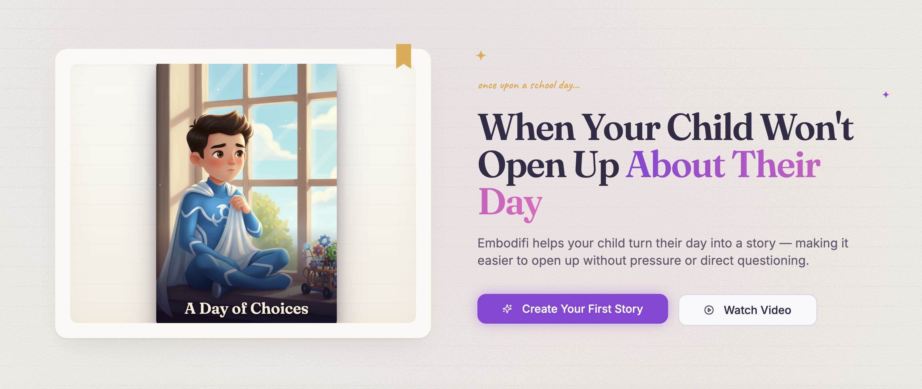 Embodifi hero section showing a reflective AI storytelling platform for children and families