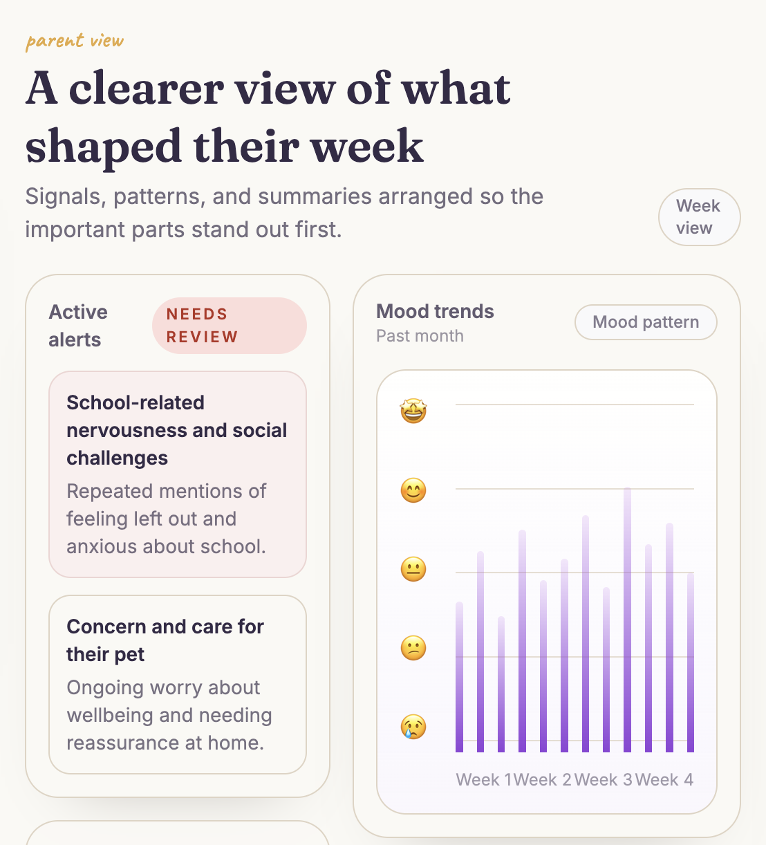 Embodifi parent dashboard showing story and emotional insight cards
