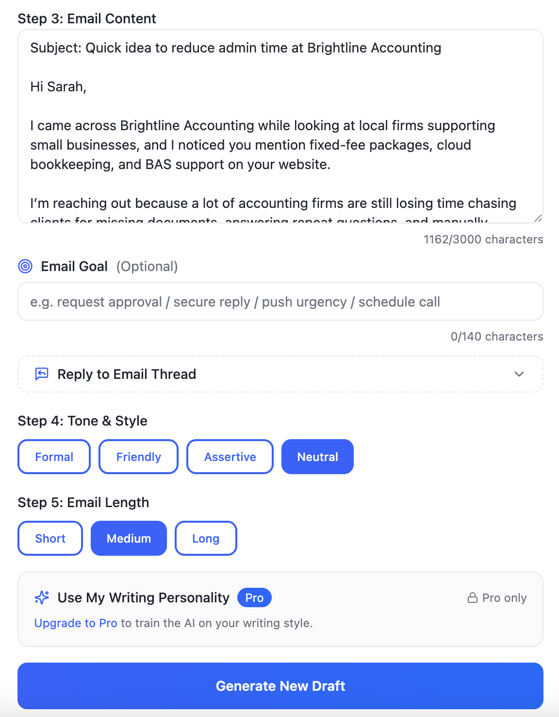Persuade Write email drafting workspace with tone and length controls